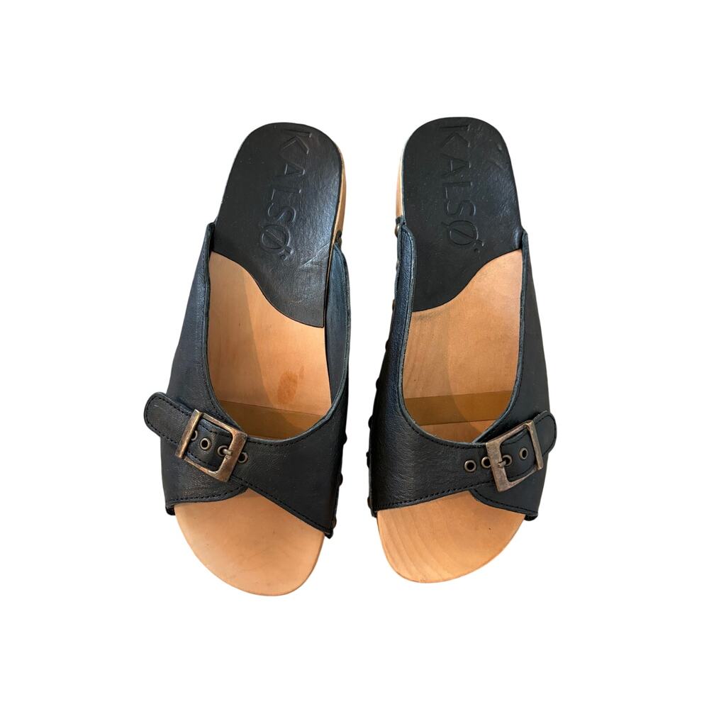 Kalso Serenity Black Leather Negative Heel Earth Sandals Buckled Strap